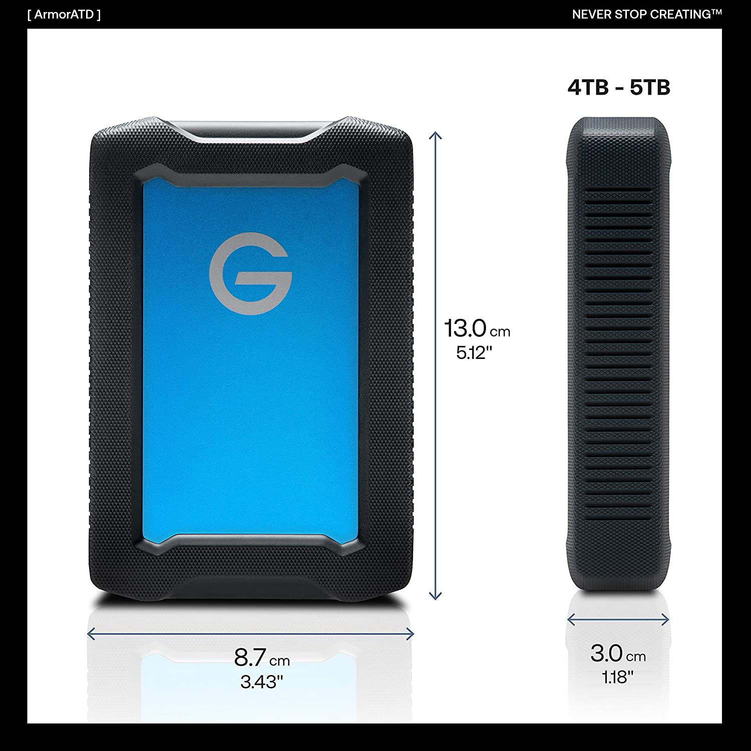 G-Technology 4TB ArmorATD Rugged Portable HDD measures